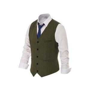 PJ PAUL JONES Men's Herringbone Tweed Suit OliveGreen Vest Casual Wool Blend 2XL